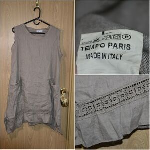 Tempo Paris 100% Linen Made in Italy Lagenlook Crochet Pocket Boho Dress